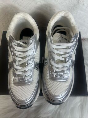 GoodCHANEL White and Silver Mesh Platform Sneakers